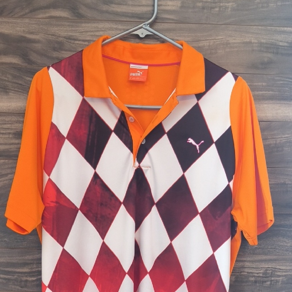 PUMA Golf "Sample" Argyle Polo Shirt - Men's Medium - Rare Orange & White